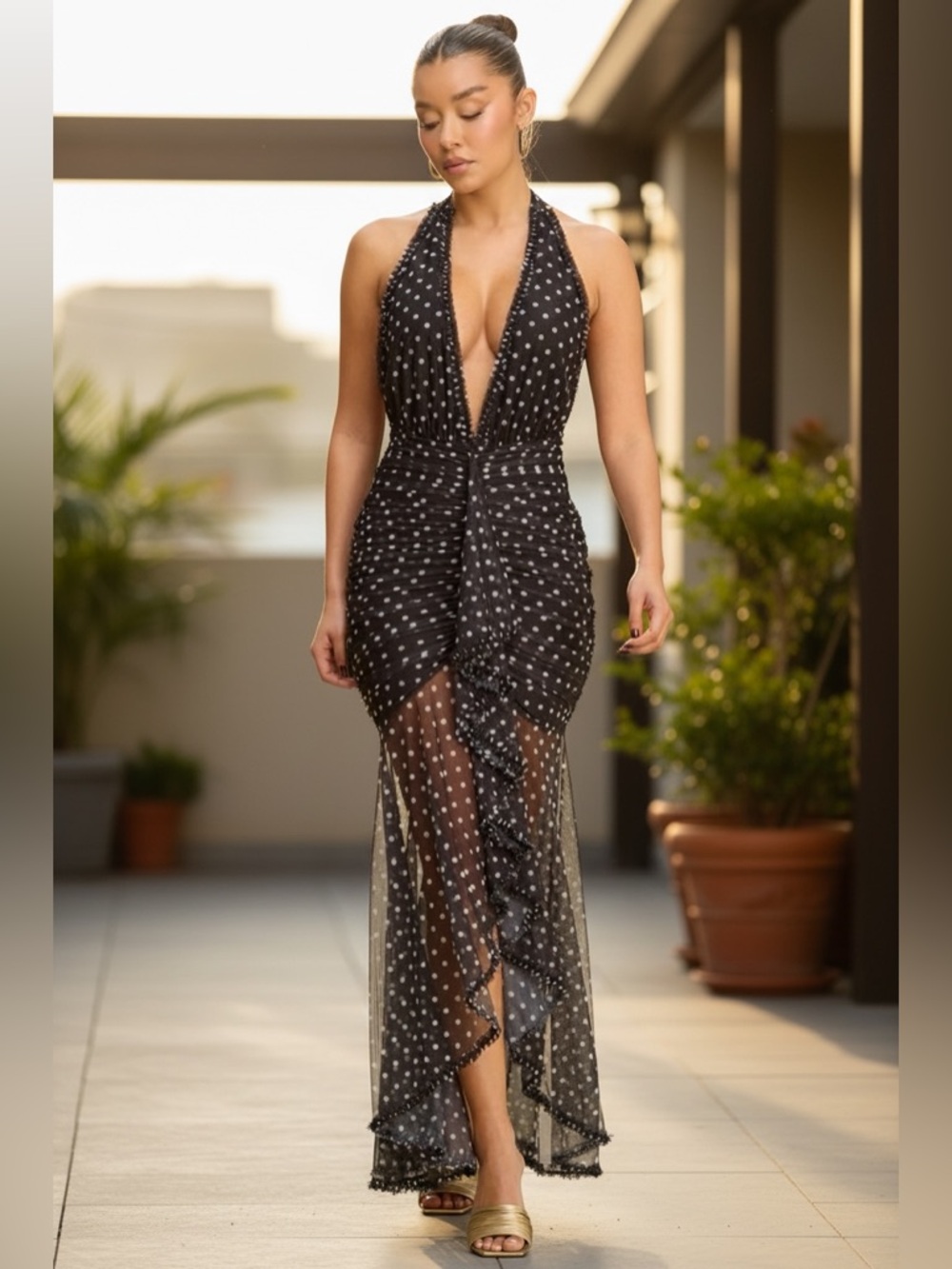Monaco Mornings Polka Dot Ruffle Maxi Dress